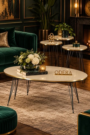 Odera Çift Altın Elips Orta Sehpa ve Zigon Sehpa 4'lü Set Siyah Tel Metal Ayaklı Modern Retro Salon 