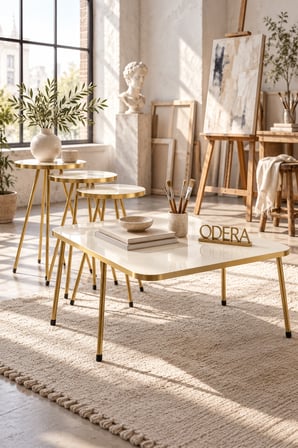 Odera Oval Elips Orta Sehpa ve Zigon Sehpa 4'lü Set Metal Ayaklı Retro Modern Salon Sehpası