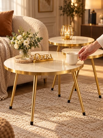Odera Elips Orta Sehpa ve Oval Zigon Sehpa 4'lü Set Metal Ayaklı Retro İskandinav Salon Sehpası