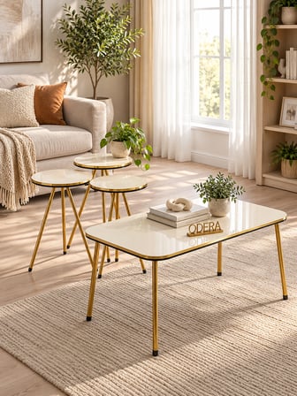 Odera Çift Bej Çekmeceli Elips Orta Sehpa ve Yuvarlak Zigon Sehpa 4'lü Set Metal Ayaklı Retro Salon 
