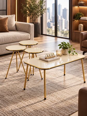 Odera Çift Bej Çekmeceli Elips Orta Sehpa ve Yuvarlak Zigon Sehpa 4'lü Set Metal Ayaklı Retro Salon 