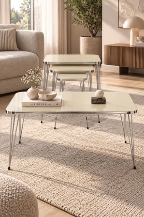 Odera Gümüş Beyaz Orta Sehpa ve Zigon Sehpa 4'lü Set İnce Metal Ayaklı Modern Salon Sehpası