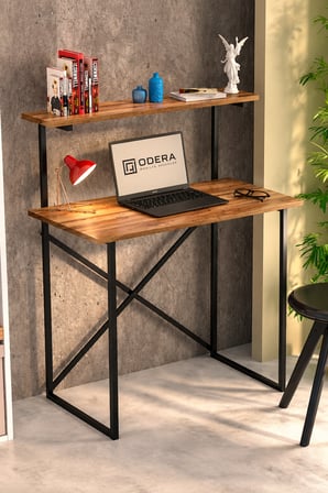 ODERA Raflı Ceviz Çalışma Masası – Siyah Metal Ayaklı 90x45 cm Ofis ve Bilgisayar Masası
