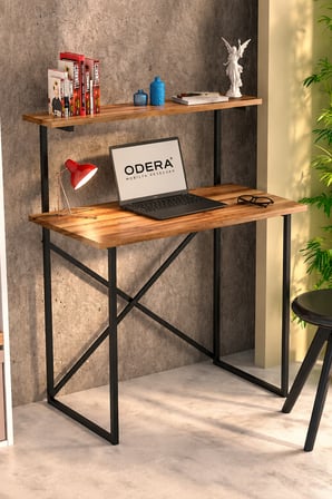 ODERA Raflı Ceviz Çalışma Masası – Siyah Metal Ayaklı 90x45 cm Ofis ve Bilgisayar Masası