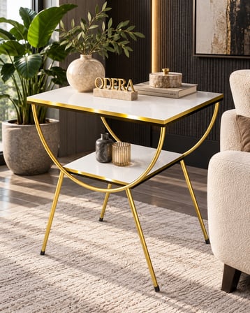 Odera Çift Beyaz Çift Raflı Yan Sehpa Komodin Metal Ayaklı Retro Modern Sehpa