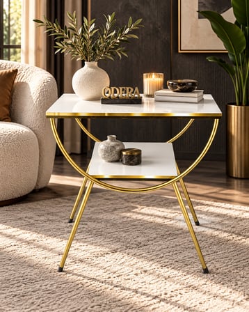 Odera Çift Beyaz Çift Raflı Yan Sehpa Komodin Metal Ayaklı Retro Modern Sehpa