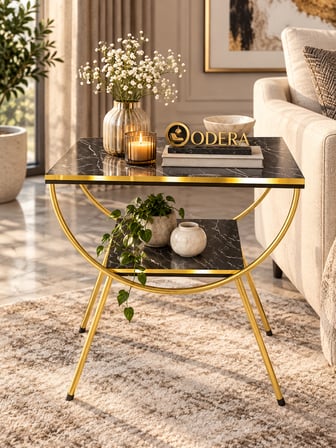 Odera Bendir Siyah Mermer Desenli Çift Raflı Yan Sehpa Komodin Metal Ayaklı Retro Modern Sehpa