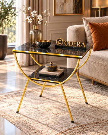 Odera Bendir Siyah Mermer Desenli Çift Raflı Yan Sehpa Komodin Metal Ayaklı Retro Modern Sehpa