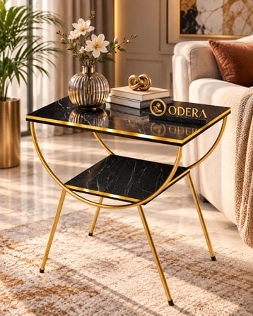 Odera Bendir Siyah Mermer Desenli Çift Raflı Yan Sehpa Komodin Metal Ayaklı Retro Modern Sehpa