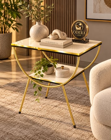 Odera Çift Çift Raflı Yan Sehpa Komodin Metal Ayaklı Retro Modern Sehpa