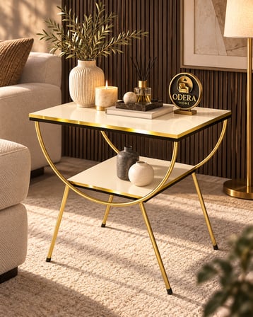 Odera Çift Çift Raflı Yan Sehpa Komodin Metal Ayaklı Retro Modern Sehpa