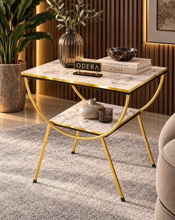 Odera Çift Efes Beyaz Mermer Desenli Çift Raflı Yan Sehpa Komodin Metal Ayaklı Retro Modern Sehpa