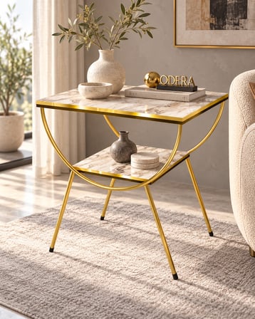 Odera Çift Efes Beyaz Mermer Desenli Çift Raflı Yan Sehpa Komodin Metal Ayaklı Retro Modern Sehpa