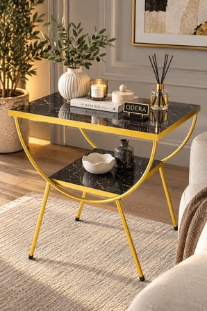Odera Çift Bendir Siyah Mermer Desenli Çift Raflı Yan Sehpa Komodin Metal Ayaklı Retro Modern Sehpa