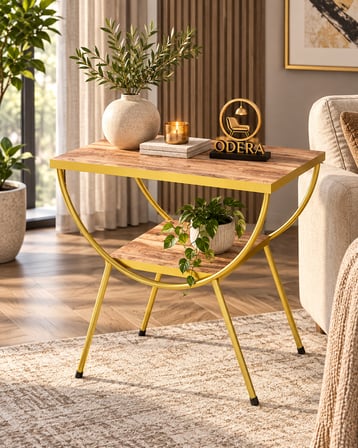 Odera Ceviz Çift Raflı Yan Sehpa Komodin Metal Ayaklı Retro Modern Salon ve Yatak Odası Sehpası