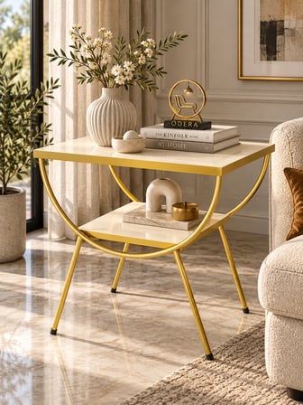 Odera Çift Çift Raflı Yan Sehpa Komodin Metal Ayaklı Retro Modern Salon ve Yatak Odası Sehpası