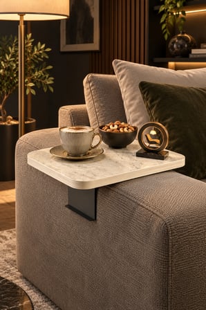Odera Traverten Ekru Ayarlanabilir Koltuk Kolu Sehpası 40x40 cm Metal Destekli Modern C Sehpa