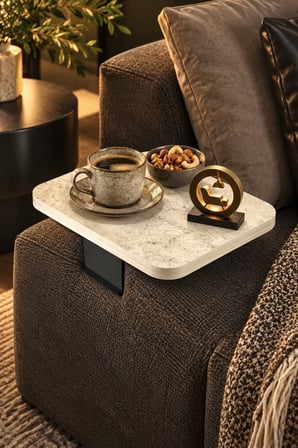 Odera Traverten Ekru Ayarlanabilir Koltuk Kolu Sehpası 40x40 cm Metal Destekli Modern C Sehpa