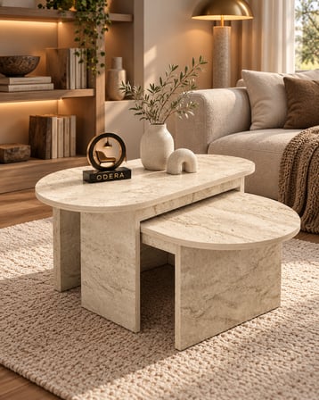 Odera Setro Ekru Traverten Desenli Oval Orta Sehpa 2'li Set İskandinav Retro Salon Sehpası