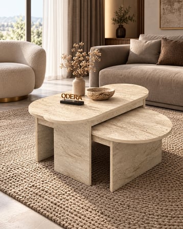 Odera Setro Ekru Traverten Desenli Oval Orta Sehpa 2'li Set İskandinav Retro Salon Sehpası