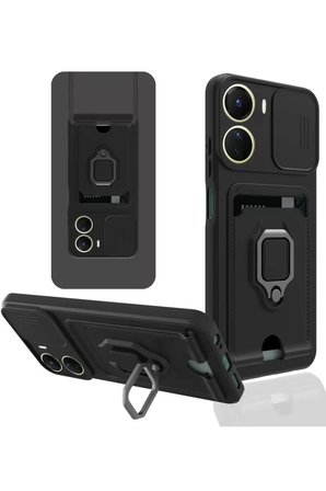 Newface Vivo Y16 Kılıf Zuma Kartvizitli Yüzüklü Silikon - Siyah