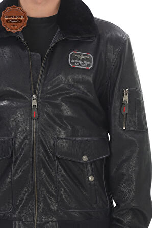Hakiki Kuzu Derisi Bomber Ceket Siyah Havacı Pilot Mont Kürklü Yaka Kışlık