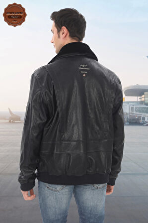 Hakiki Kuzu Derisi Bomber Ceket Siyah Havacı Pilot Mont Kürklü Yaka Kışlık