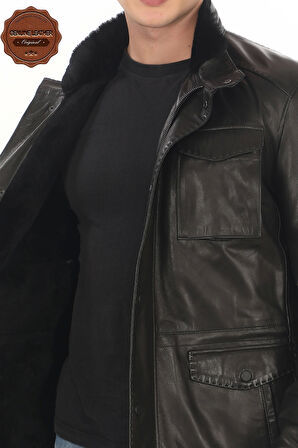 Erkek Hakiki Kuzu Derisi Kışlık Derimont Kürklü Siyah Deri Ceket Soğuk Havalara Uygun
