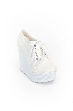 Kadın Moda Şık Beyaz Çınar Dolgu Topuklu Ayakkabı Topuklu Düğün Nişan Gece Abiye Ayakkabısı