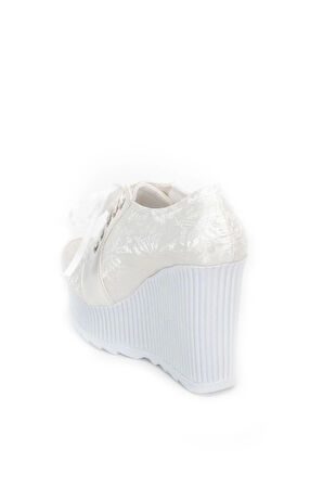 Kadın Moda Şık Beyaz Çınar Dolgu Topuklu Ayakkabı Topuklu Düğün Nişan Gece Abiye Ayakkabısı