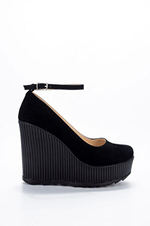 Kadın Moda Şık Siyah Süet Dolgu Topuklu Ayakkabı Topuklu Düğün Nişan Gece Abiye Ayakkabısı