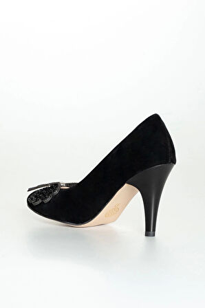 Kadın Moda Şık Siyah Süet Taşlı Topuklu Ayakkabı Zarif Tasarım Düğün Nişan Gece Abiye Ayakkabısı