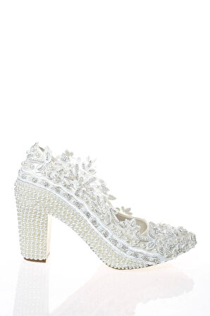 Kadın Moda Şık Sedef Inci Taş Işlemeli Gelin Ayakkabı Topuklu Düğün Nişan Gece Abiye Ayakkabısı