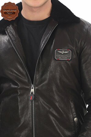 Erkek Hakiki Kuzu Derisi Bomber Ceket Siyah Fermuarlı Kürklü Yaka Kışlık Deri Pilot Mont