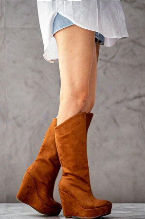 Stil Modern Kadın Dolgu Topuk Diz Altı Çizme Özel Tasarım Gündüz Gece Abiye Ayakkabı