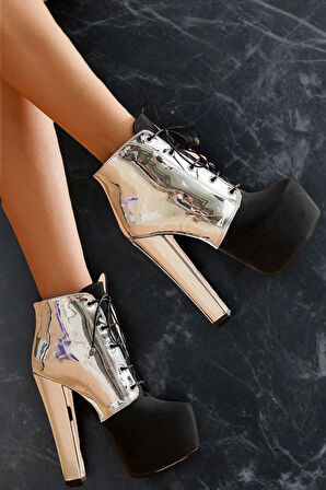 Bağcıklı Yüksek Topuklu Platform Kadın Bot Suni Deri Petli Taban Konforlu Tasarım