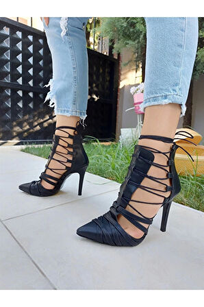 Stil Modern Kadın Sivri Burun Bağcıklı Topuklu Ayakkabı Özel Tasarım Gündüz Gece Abiye Ayakkabı