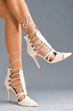 Stil Modern Kadın Sivri Burun Bağcıklı Topuklu Ayakkabı Özel Tasarım Gündüz Gece Abiye Ayakkabı