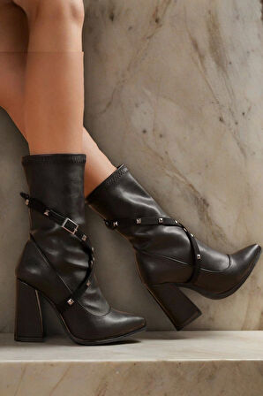 Kadın Streç Sivri Burun Kalın Topuklu Bot Şık Kemer Detayl Süet Kovboy Çizmesi