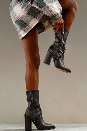 Kadın Streç Sivri Burun Kalın Topuklu Bot Şık Kemer Detayl Süet Kovboy Çizmesi