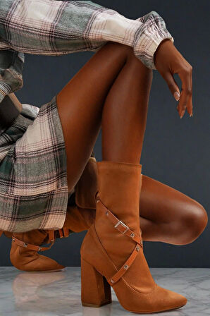 Kadın Streç Sivri Burun Kalın Topuklu Bot Şık Kemer Detayl Süet Kovboy Çizmesi