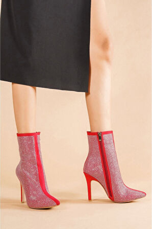 Kadın Taş İşlemeli İnce Topuklu Sivri Burun Bilek Boy Şık Günlük ve Gece Kullanım Bot