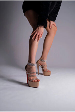 Kadın Taşlı Neon Platform İnce Topuklu Sandalet Gece Şıklığı Model