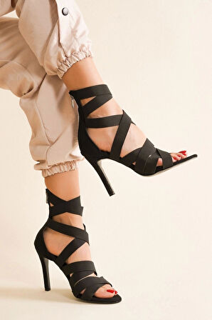 Kadın Çapraz Elastik Bantlı Stiletto Topuklu Arka Fermuarlı Ayakkabı Sandalet Modeli