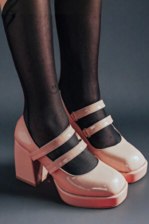 Stil Modern Kadın Rugan Çift Cırtlı Platform Topuklu Ayakkabı Tasarım Gündüz Gece Abiye Ayakkabı