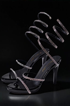 Kadın Spiral Bilekli Yüksek Topuklu Taş Bantlı Gece Ayakkabı Platform Destek