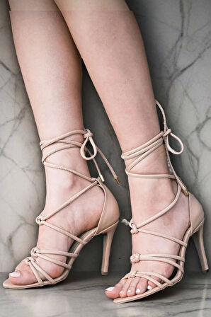 Kadın İnce Topuklu Bağcıklı Sandalet 10 cm Topuk Minimal Gladyatör Gece Model