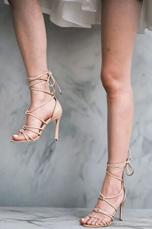 Kadın İnce Topuklu Bağcıklı Sandalet 10 cm Topuk Minimal Gladyatör Gece Model