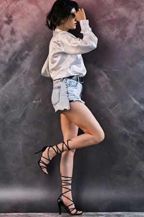 Kadın İnce Topuklu Bağcıklı Sandalet 10 cm Topuk Minimal Gladyatör Gece Model