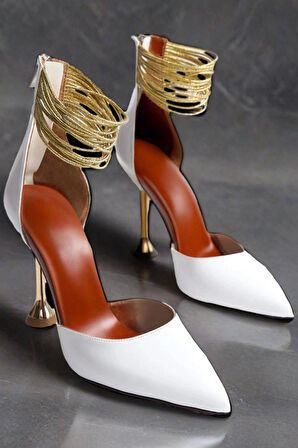 Kadın Altın Bileklikli Çan Topuklu Ayakkabı Sivri Burun Şık Model